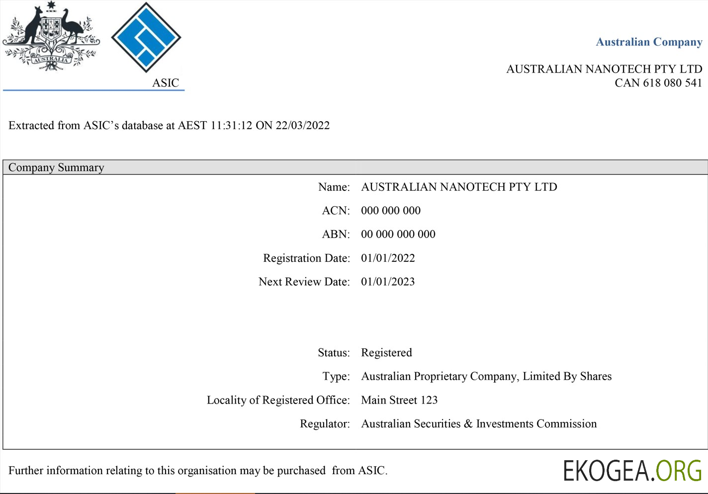 Certificat d'enregistrement de société 2 de l'Australian Securities and Investments Commission (ASIC)